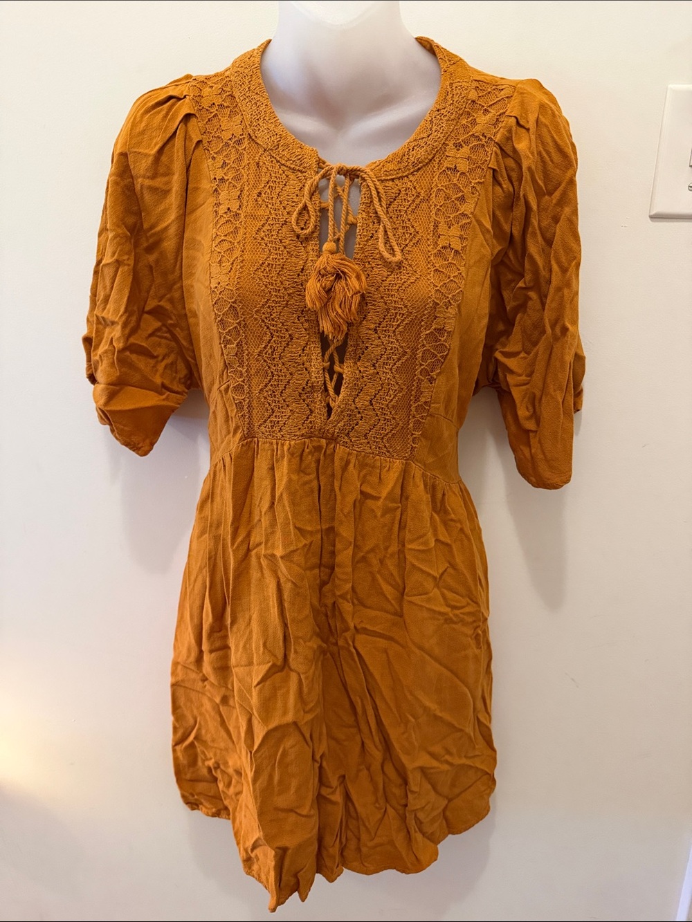 Boho Crochet Yoke Tunic Dress Top in Burnt Orange Medium M